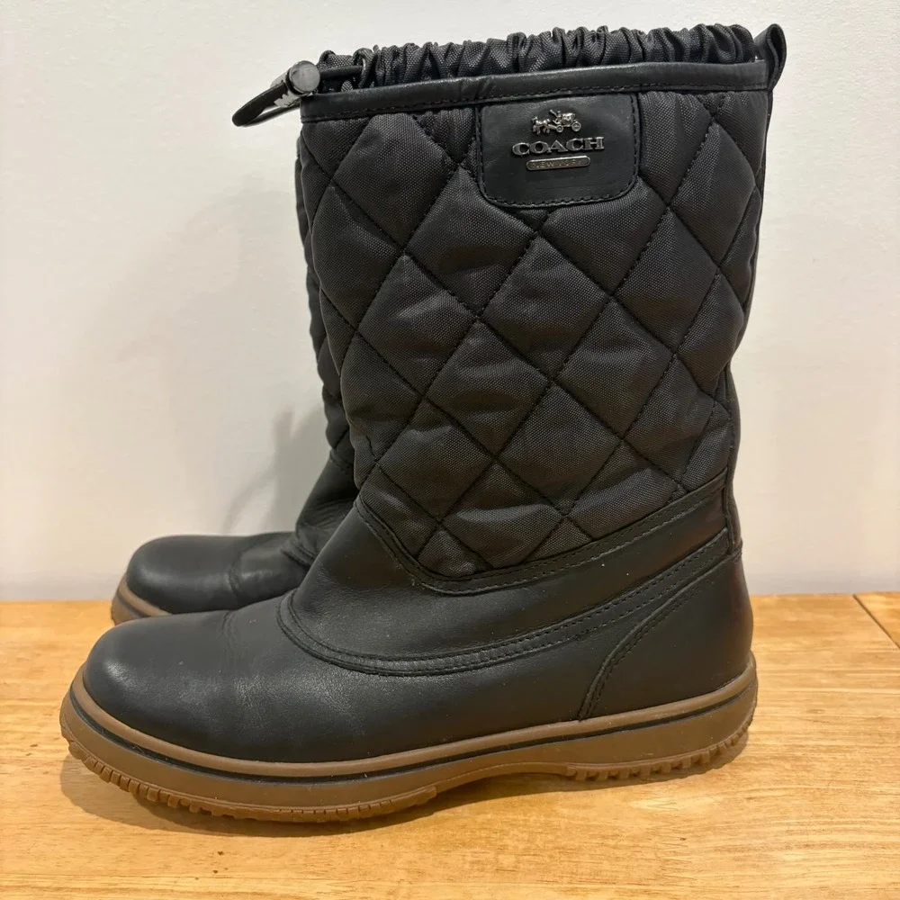 Coach Samara Quilted Winter Boots Women Black Size 8B Leather Nylon Snow Boots